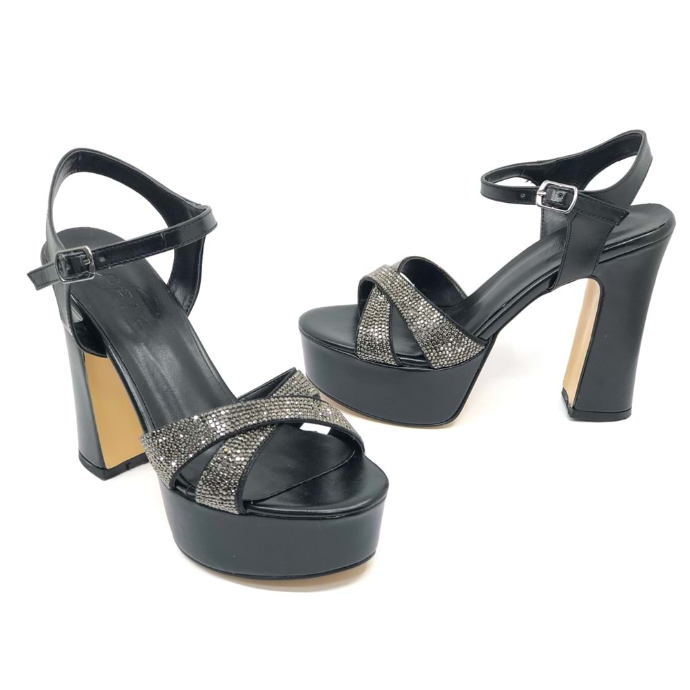 Feles 13 cm Yüksek Platform Çapraz Bant Topuklu Taşlı Kadın Abiye Ayakkabı