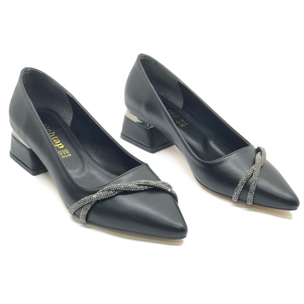 Mehtap Şerit Burgu Taş Detaylı Kısa Topuklu Kadın Babet Ayakkabı