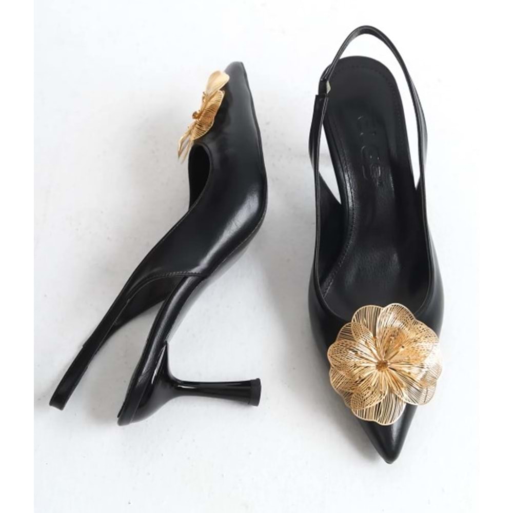 Feles Sarı Gül Detaylı Arkası Açık Stiletto Kadın Topuklu Ayakkabı