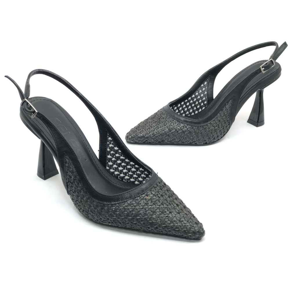 Feles Hasır Detaylı Arkası Açık Stiletto Kadın Topuklu Ayakkabı