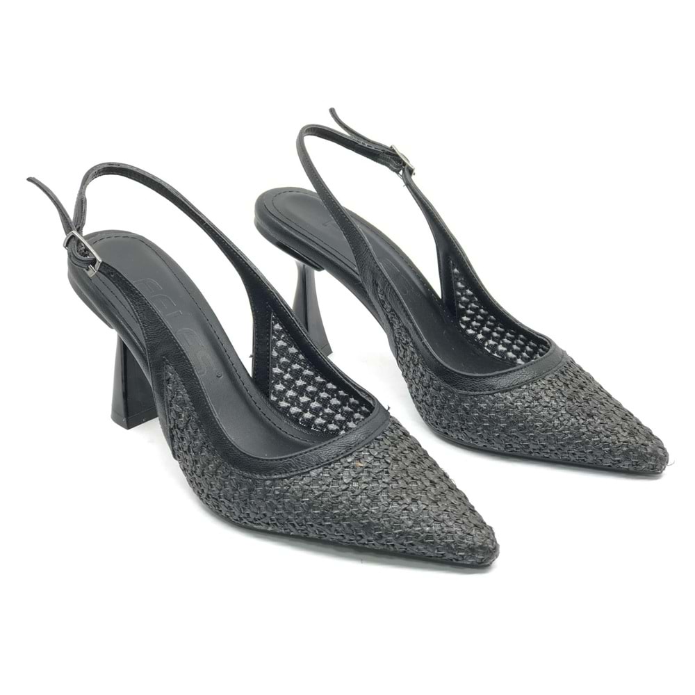 Feles Hasır Detaylı Arkası Açık Stiletto Kadın Topuklu Ayakkabı