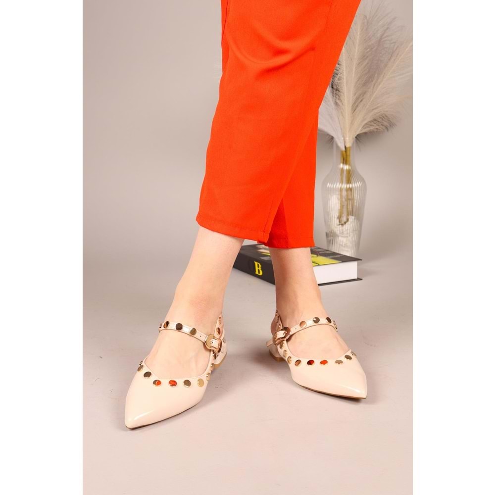 Feles Sarı Pul Detaylı Arkası Açık Kadın Babet Ayakkabı