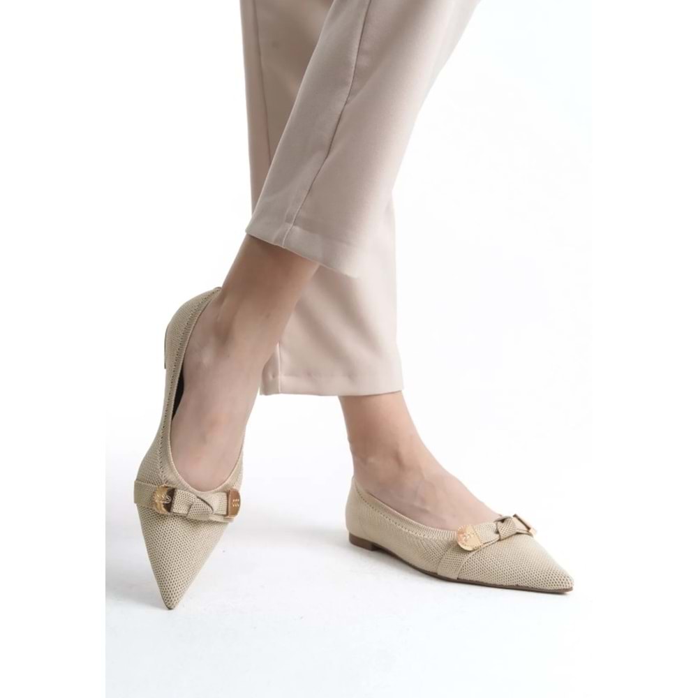 Feles Triko Fiyonk Detaylı Sivri Burun Kadın Babet Ayakkabı