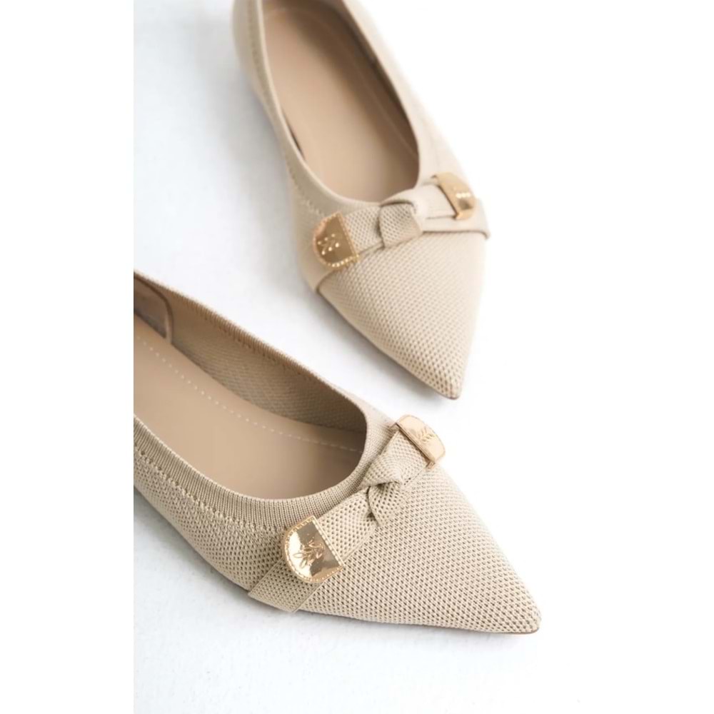 Feles Triko Fiyonk Detaylı Sivri Burun Kadın Babet Ayakkabı