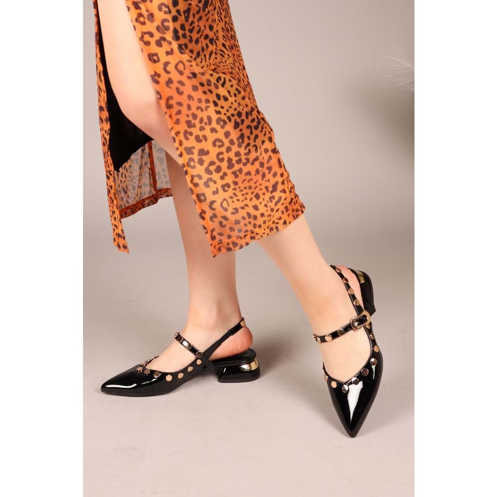 Feles Sarı Pul Detaylı Arkası Açık Kadın Babet Ayakkabı