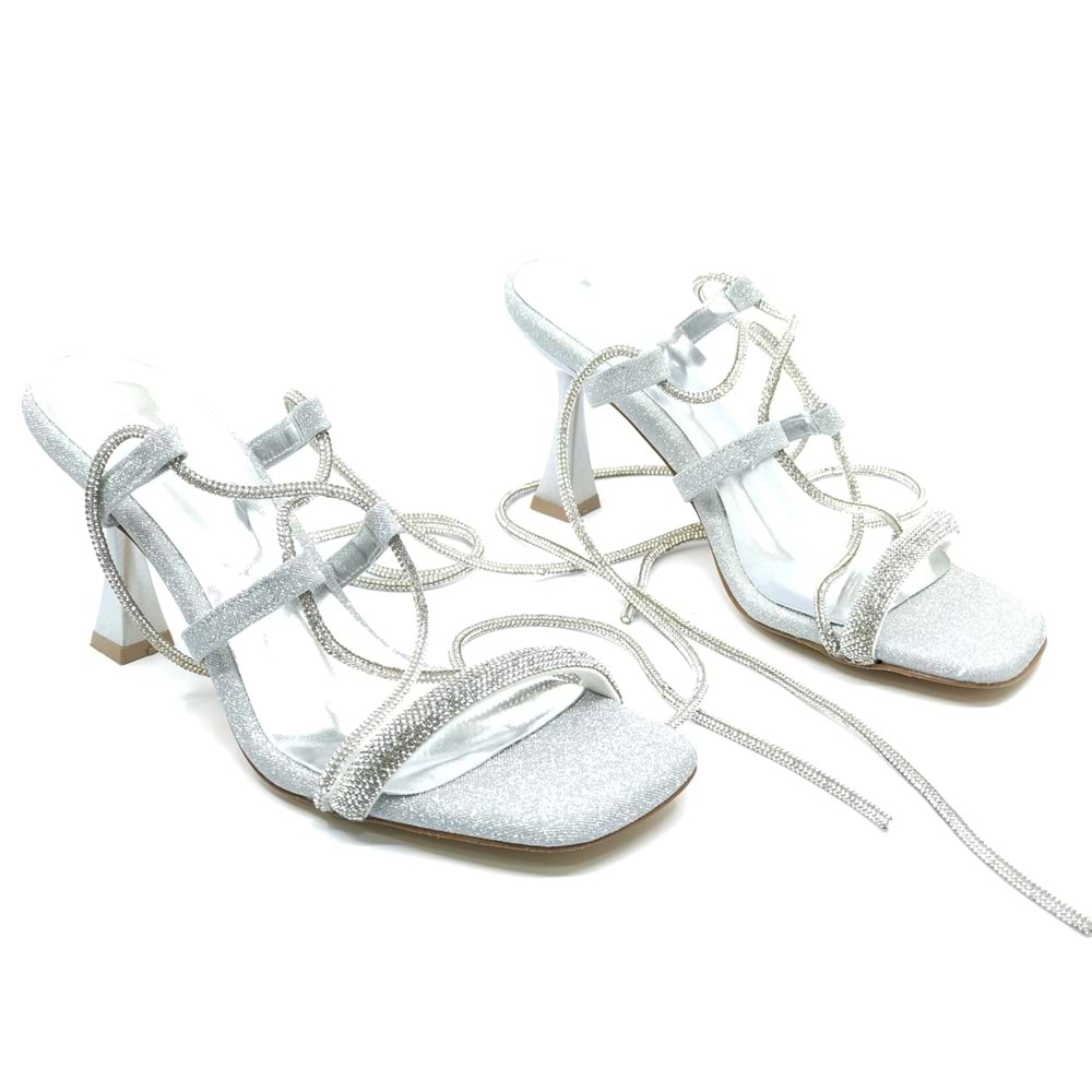 Feles Bilekten Bağlamalı Taş Detaylı Topuklu Kadın Abiye Ayakkabı