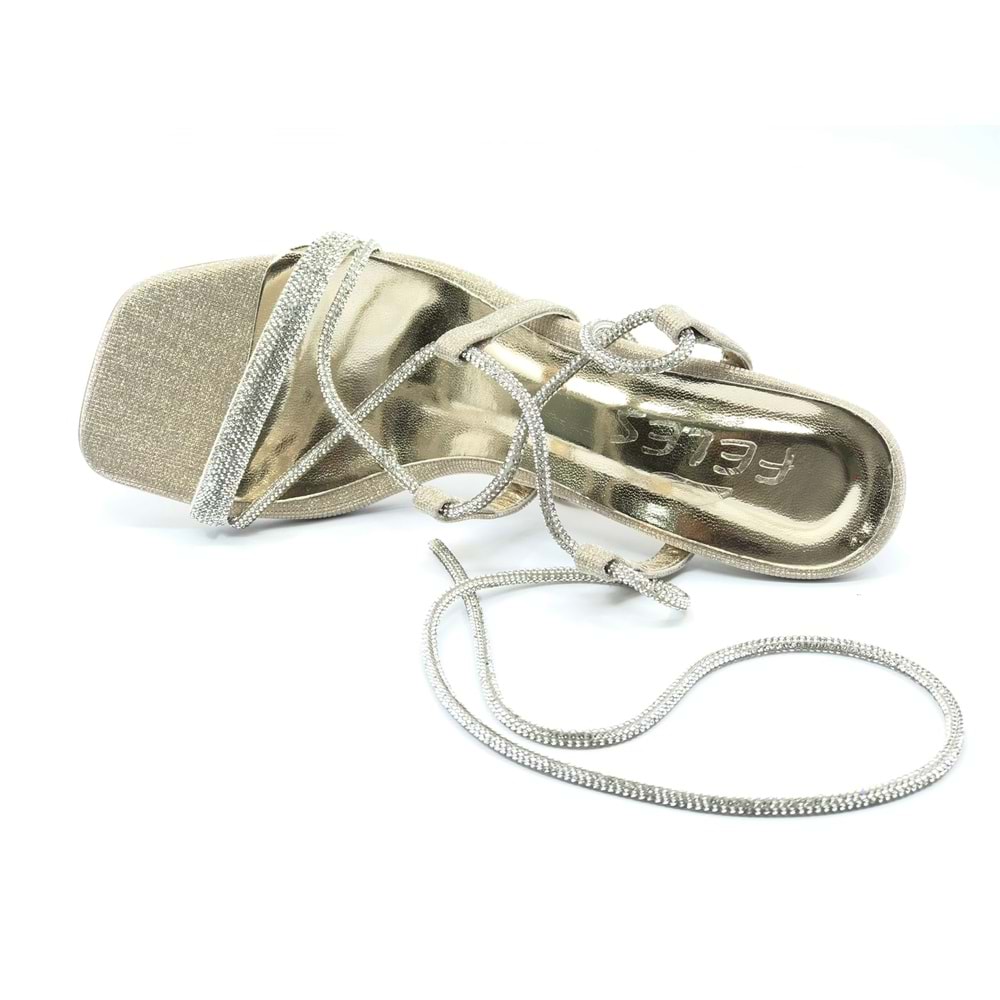 Feles Bilekten Bağlamalı Taş Detaylı Topuklu Kadın Abiye Ayakkabı