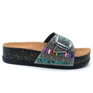 Feles Tek Toka Mantar Taban Taş Detaylı Kadın Terlik