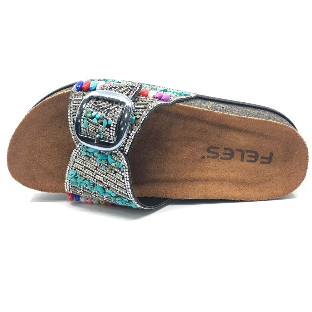 Feles Tek Toka Mantar Taban Taş Detaylı Kadın Terlik