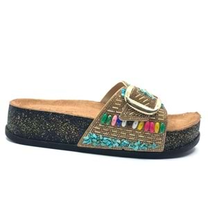 Feles Tek Toka Mantar Taban Taş Detaylı Kadın Terlik