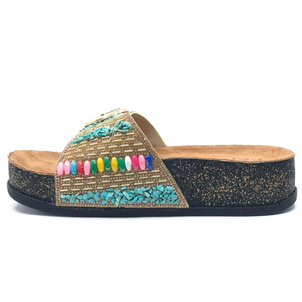 Feles Tek Toka Mantar Taban Taş Detaylı Kadın Terlik