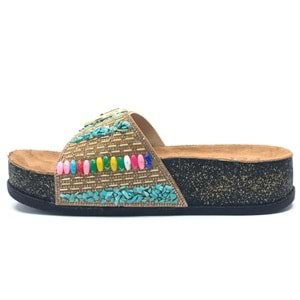 Feles Tek Toka Mantar Taban Taş Detaylı Kadın Terlik