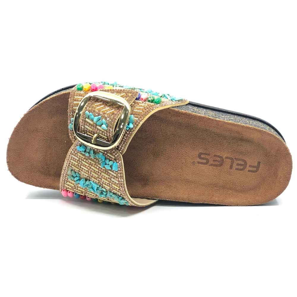 Feles Tek Toka Mantar Taban Taş Detaylı Kadın Terlik