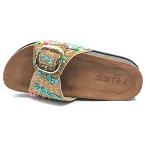 Feles Tek Toka Mantar Taban Taş Detaylı Kadın Terlik