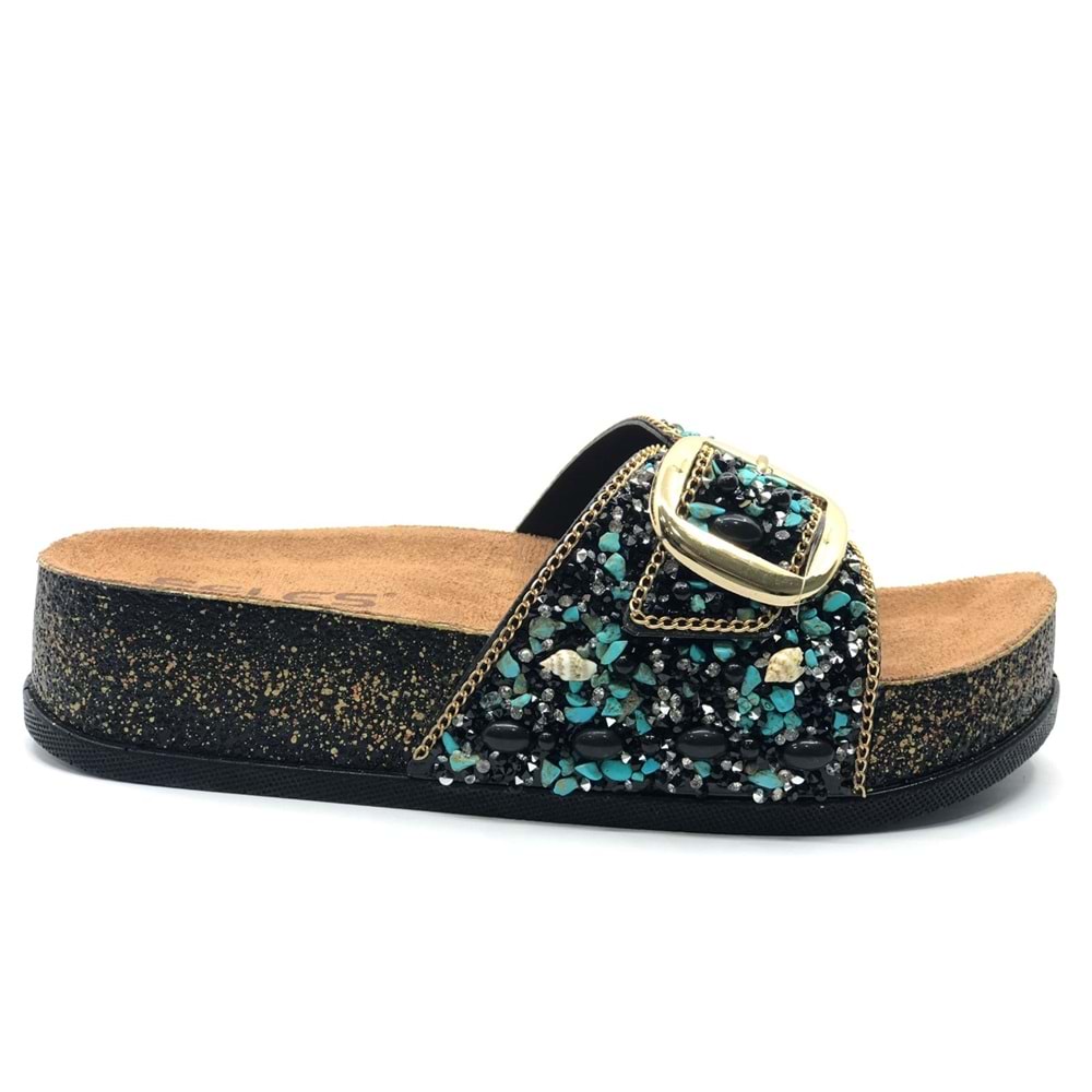 Feles Tek Toka Mantar Taban Taş Detaylı Kadın Terlik