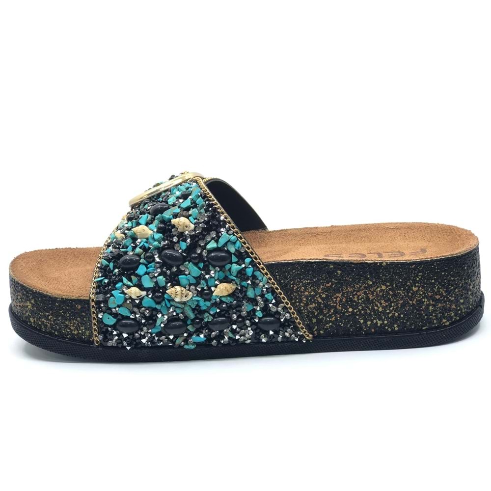 Feles Tek Toka Mantar Taban Taş Detaylı Kadın Terlik