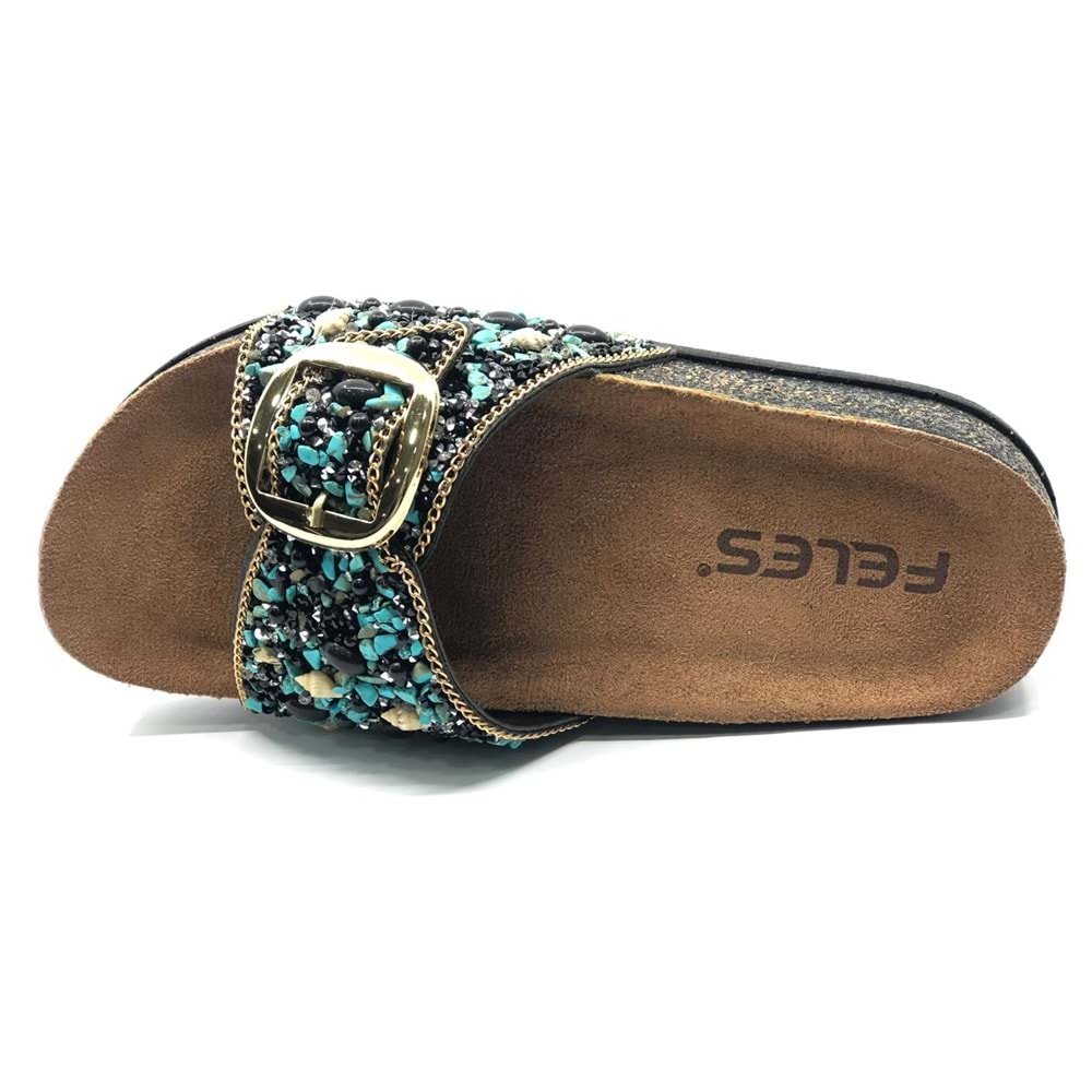 Feles Tek Toka Mantar Taban Taş Detaylı Kadın Terlik