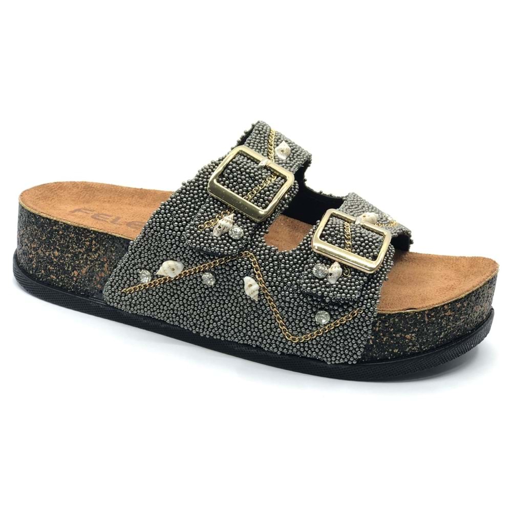 Feles Çift Toka Mantar Taban Taş Detaylı Kadın Terlik