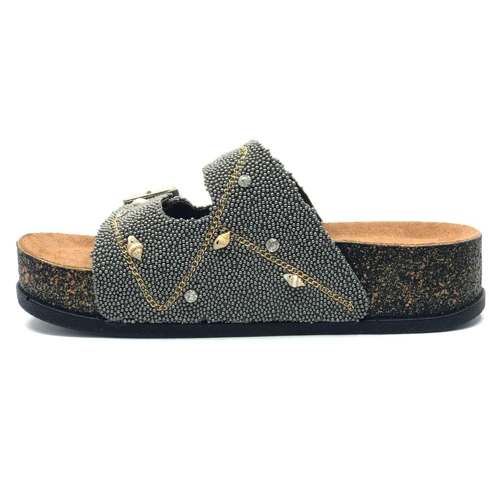 Feles Çift Toka Mantar Taban Taş Detaylı Kadın Terlik