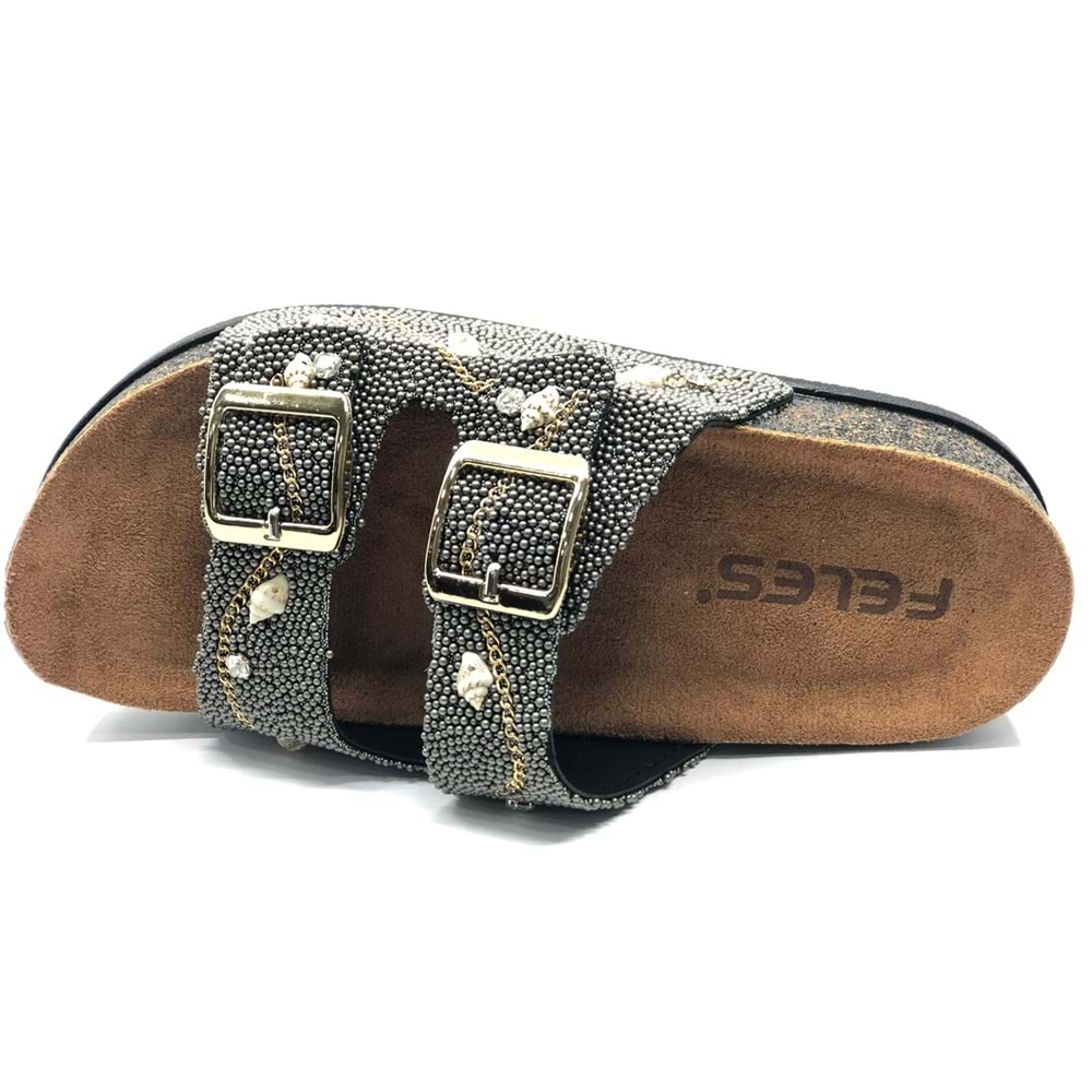 Feles Çift Toka Mantar Taban Taş Detaylı Kadın Terlik