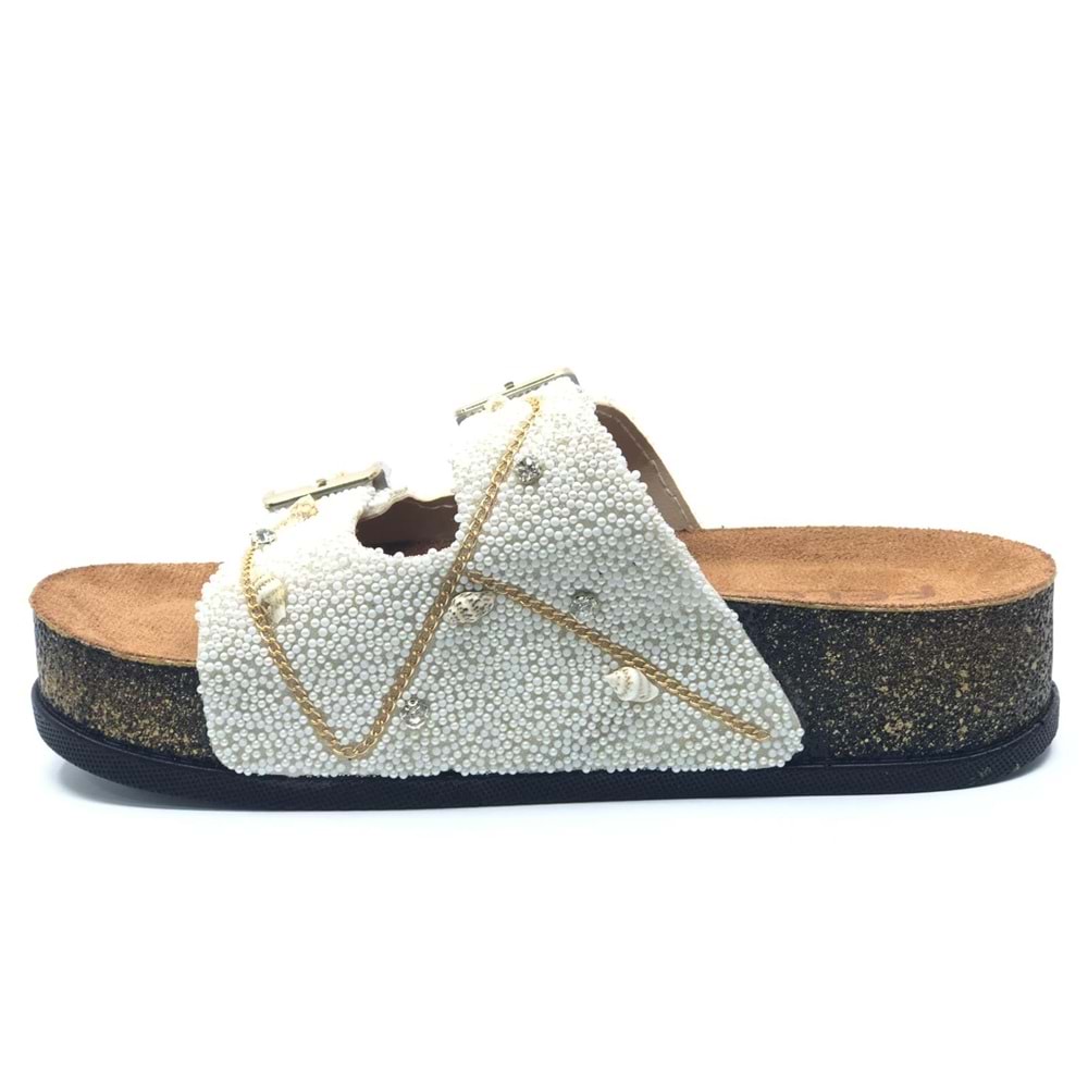 Feles Çift Toka Mantar Taban Taş Detaylı Kadın Terlik