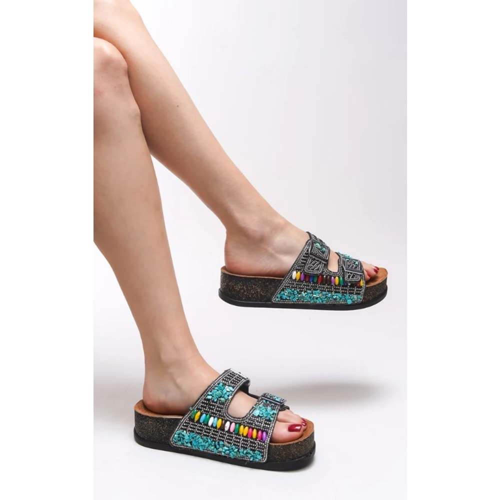 Feles Çift Toka Mantar Taban Taş Detaylı Kadın Terlik