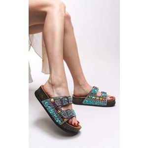 Feles Çift Toka Mantar Taban Taş Detaylı Kadın Terlik