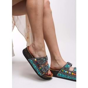 Feles Çift Toka Mantar Taban Taş Detaylı Kadın Terlik