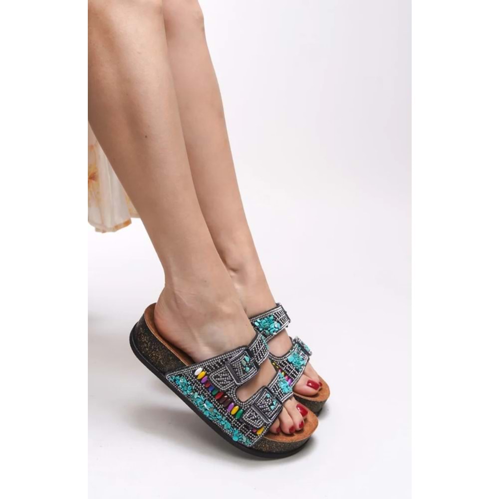 Feles Çift Toka Mantar Taban Taş Detaylı Kadın Terlik