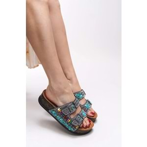 Feles Çift Toka Mantar Taban Taş Detaylı Kadın Terlik