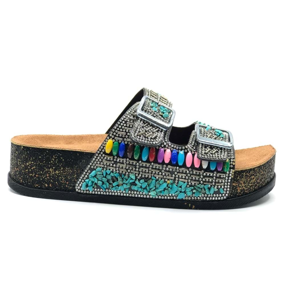 Feles Çift Toka Mantar Taban Taş Detaylı Kadın Terlik