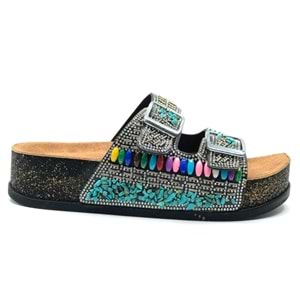 Feles Çift Toka Mantar Taban Taş Detaylı Kadın Terlik