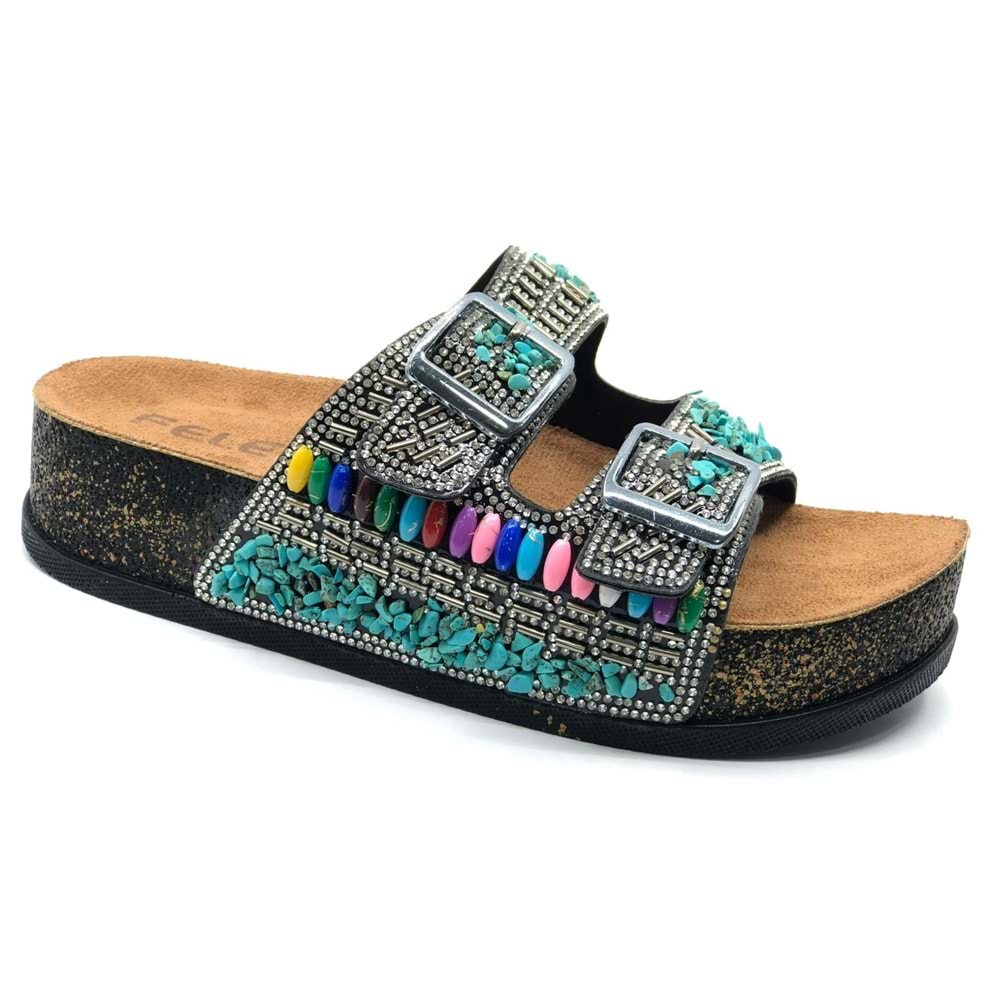 Feles Çift Toka Mantar Taban Taş Detaylı Kadın Terlik