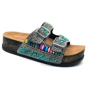 Feles Çift Toka Mantar Taban Taş Detaylı Kadın Terlik