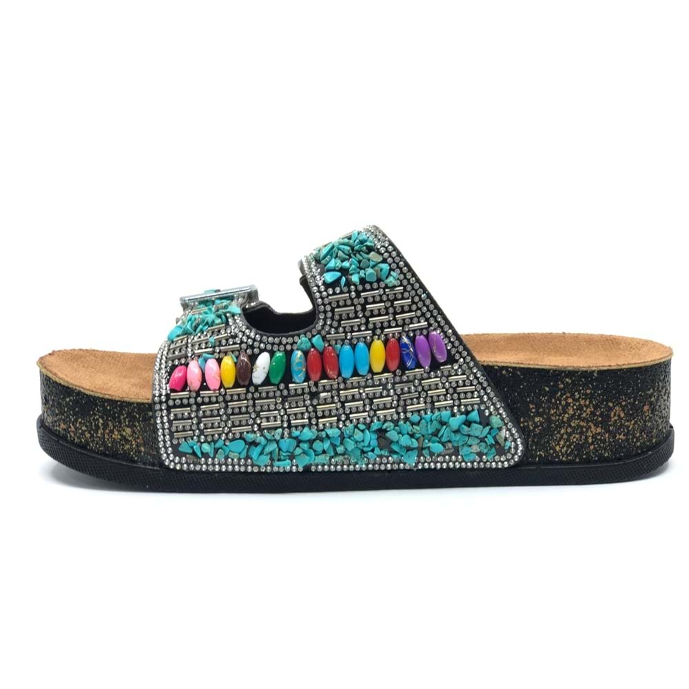 Feles Çift Toka Mantar Taban Taş Detaylı Kadın Terlik