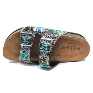 Feles Çift Toka Mantar Taban Taş Detaylı Kadın Terlik