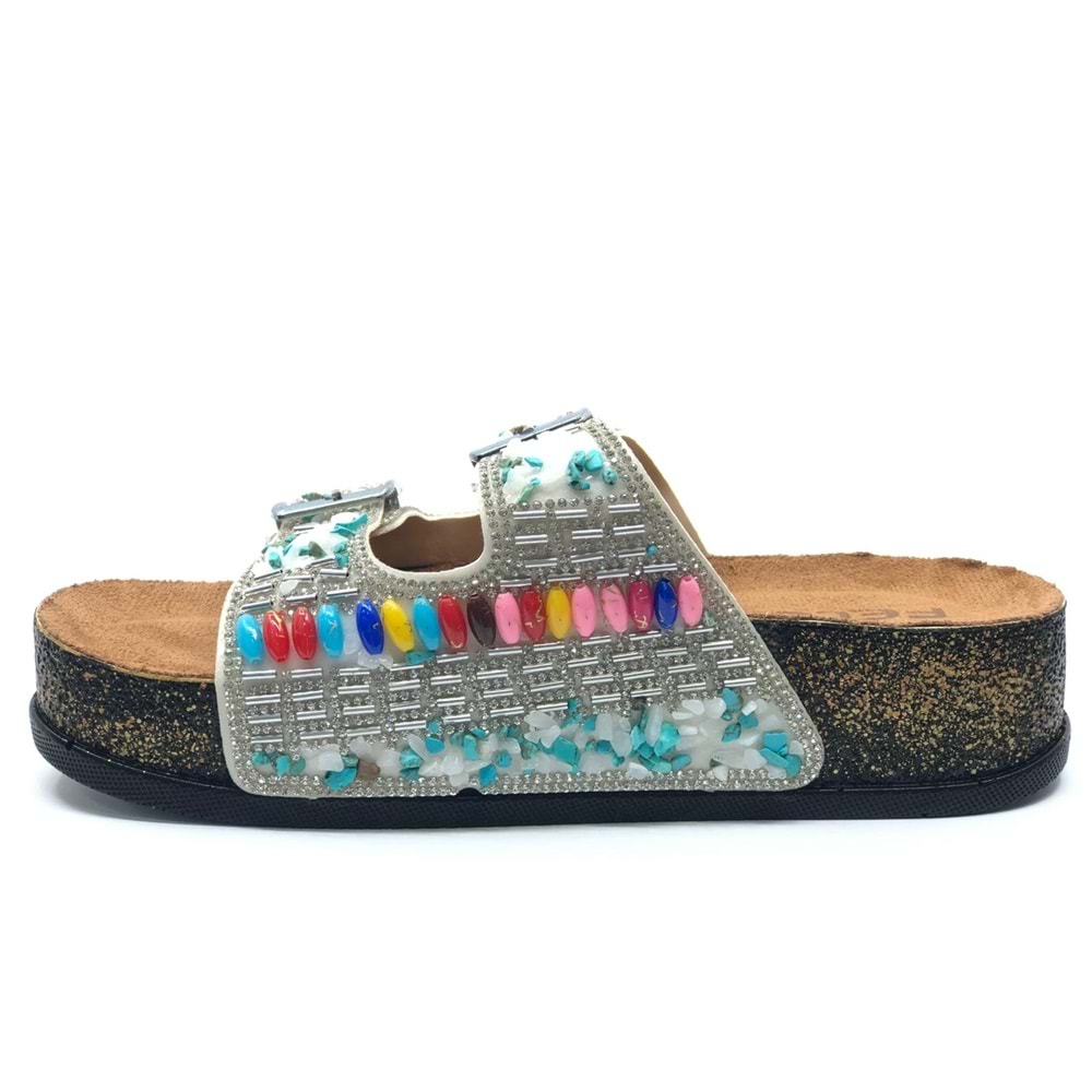 Feles Çift Toka Mantar Taban Taş Detaylı Kadın Terlik