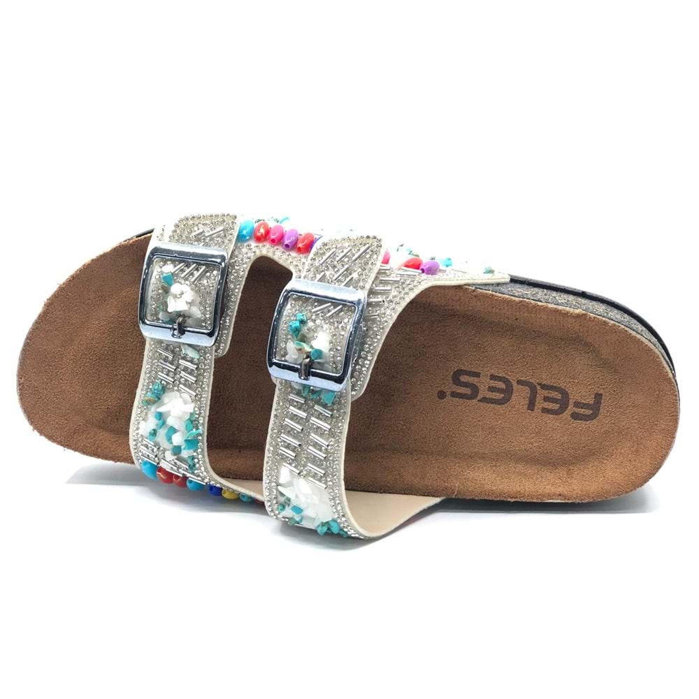 Feles Çift Toka Mantar Taban Taş Detaylı Kadın Terlik