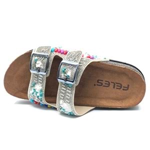 Feles Çift Toka Mantar Taban Taş Detaylı Kadın Terlik