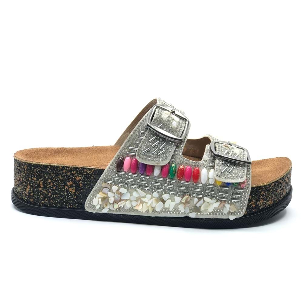 Feles Çift Toka Mantar Taban Taş Detaylı Kadın Terlik