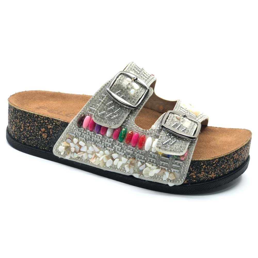 Feles Çift Toka Mantar Taban Taş Detaylı Kadın Terlik