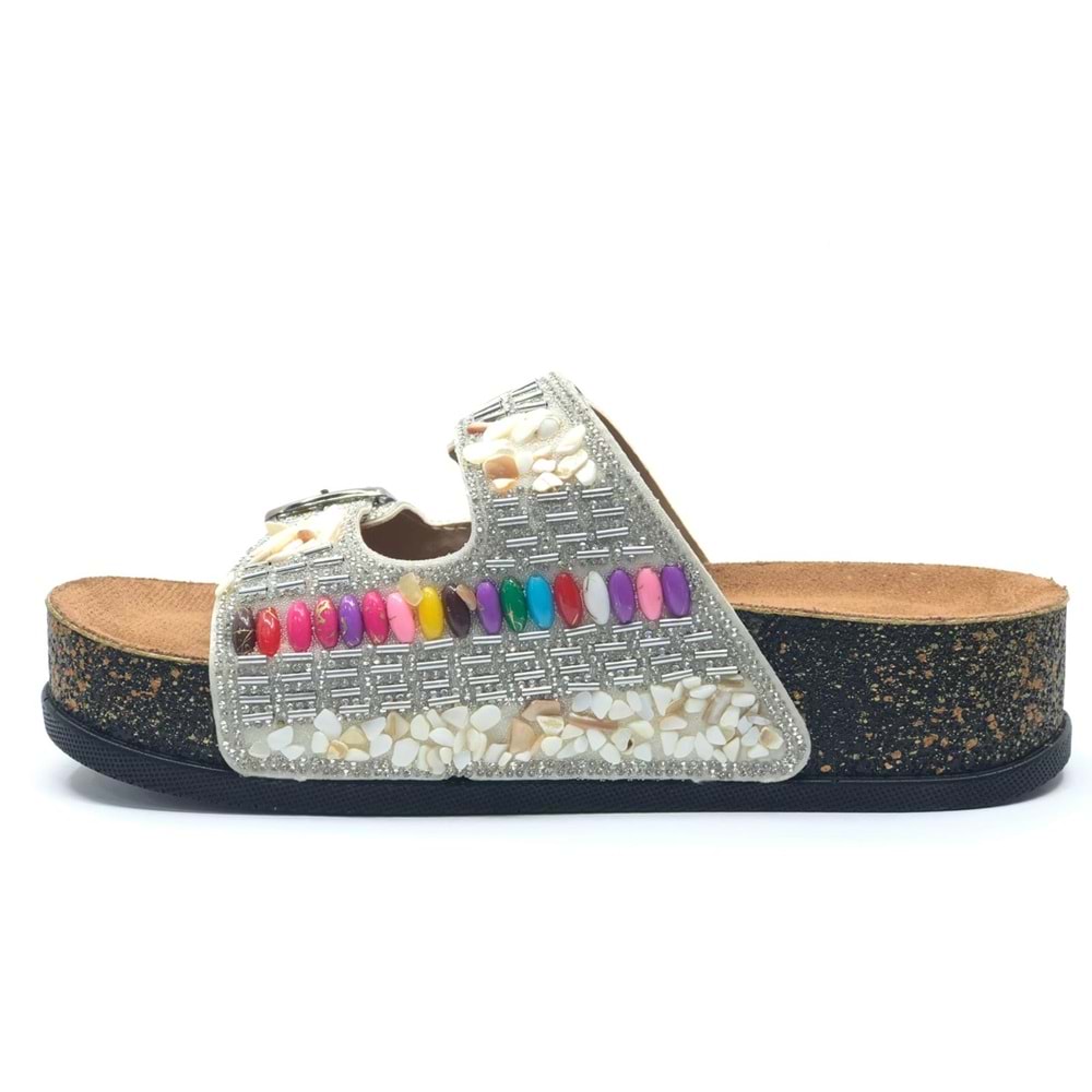 Feles Çift Toka Mantar Taban Taş Detaylı Kadın Terlik