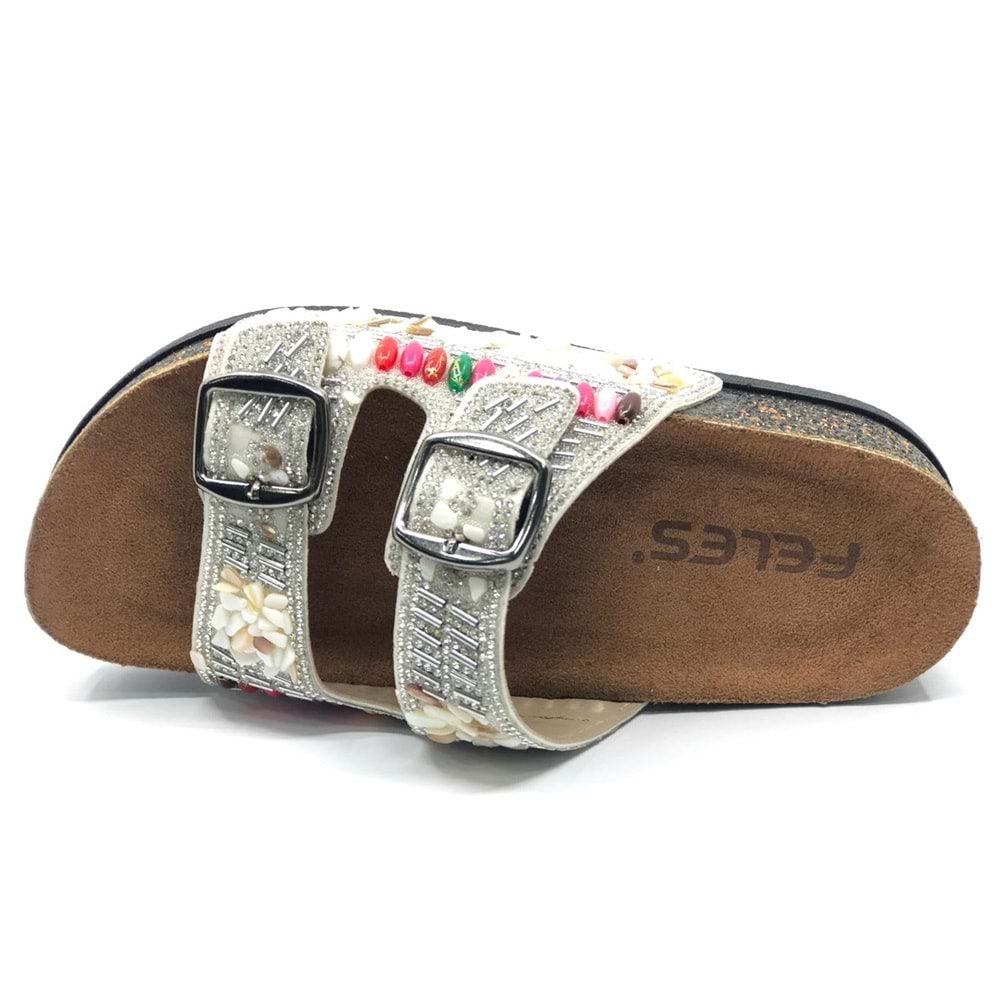 Feles Çift Toka Mantar Taban Taş Detaylı Kadın Terlik