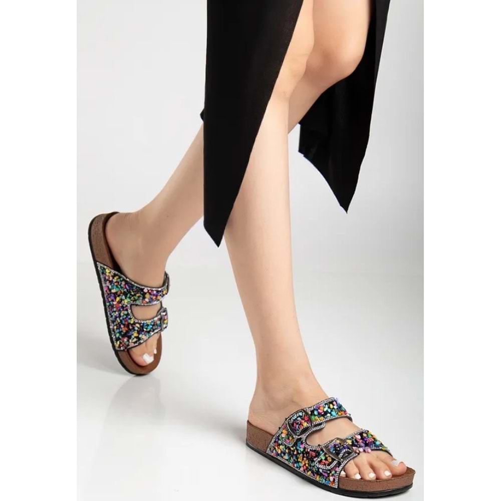 Feles Çift Toka Mantar Taban Taş Detaylı Kadın Terlik