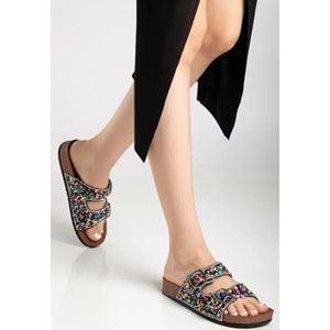 Feles Çift Toka Mantar Taban Taş Detaylı Kadın Terlik