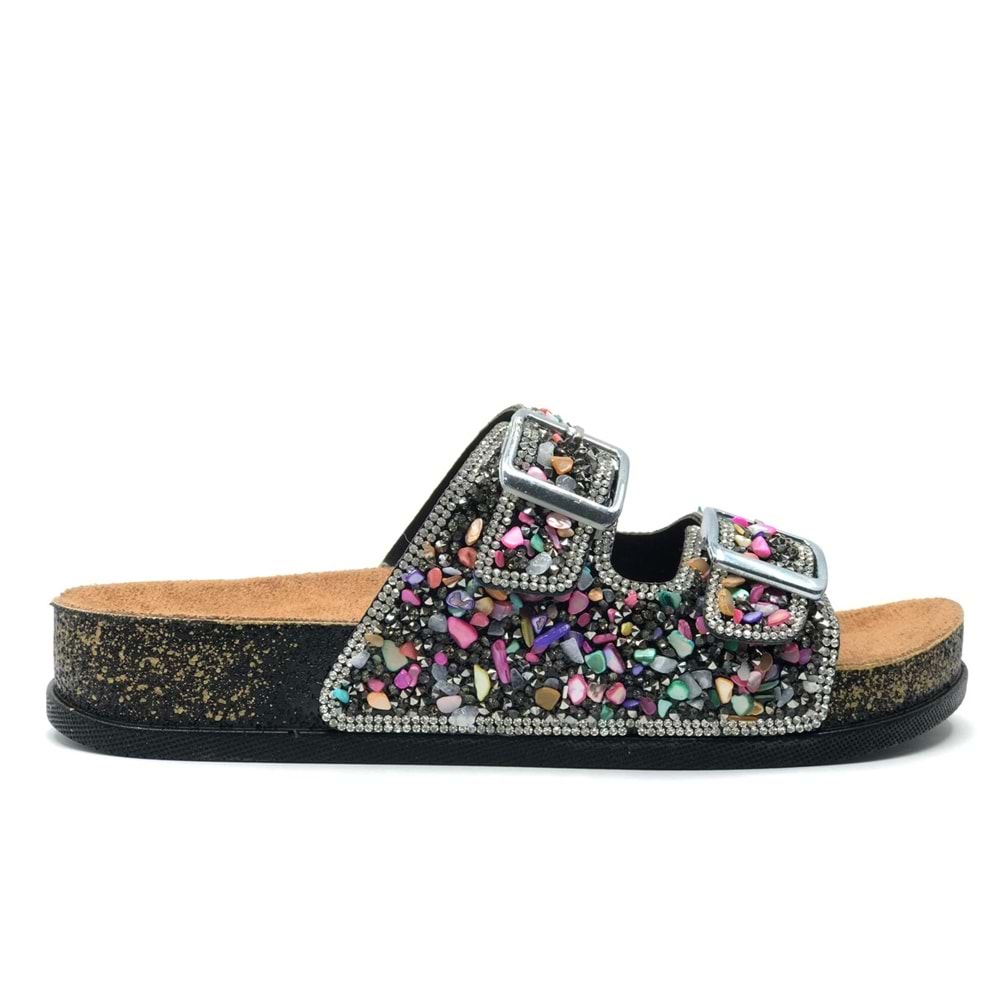 Feles Çift Toka Mantar Taban Taş Detaylı Kadın Terlik