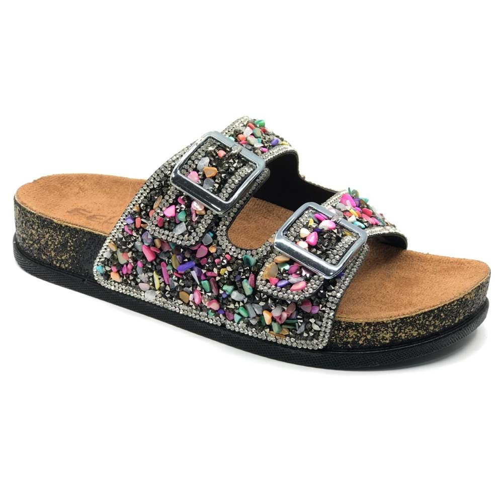 Feles Çift Toka Mantar Taban Taş Detaylı Kadın Terlik