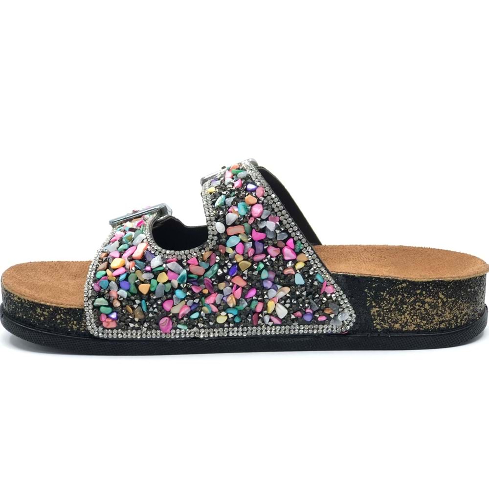 Feles Çift Toka Mantar Taban Taş Detaylı Kadın Terlik