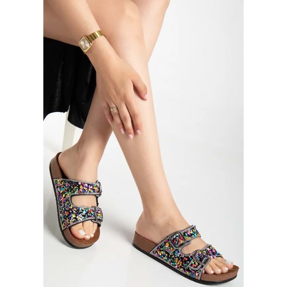 Feles Çift Toka Mantar Taban Taş Detaylı Kadın Terlik