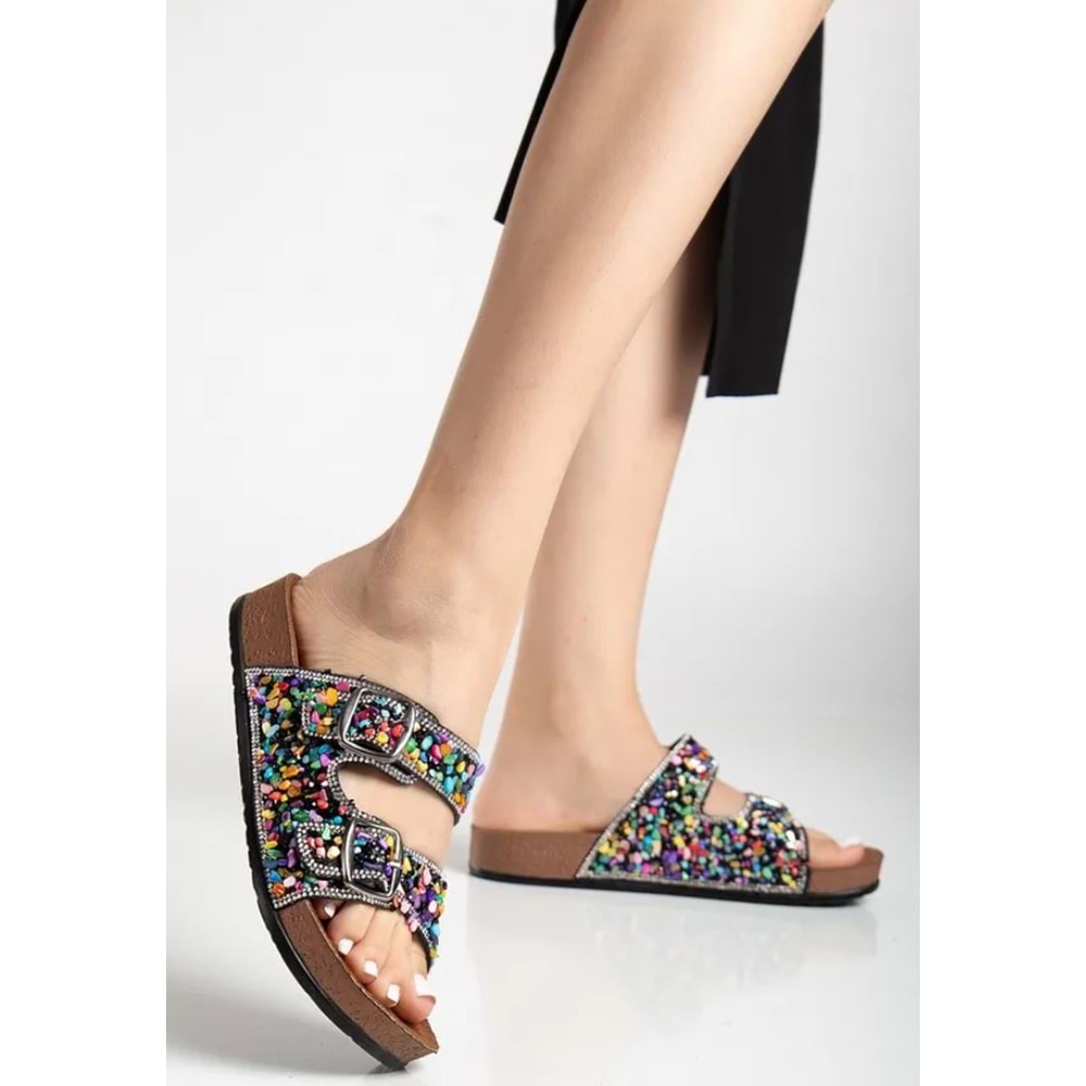 Feles Çift Toka Mantar Taban Taş Detaylı Kadın Terlik